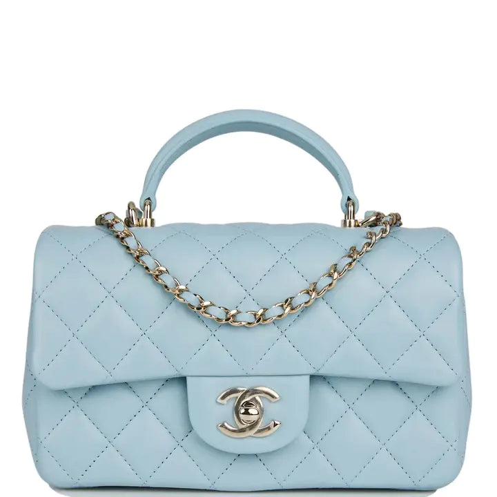 Mini Rectangular Flap with Top Handle Blue Lambskin Light Gold Hardware